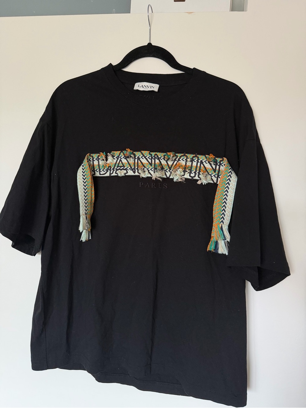 Lanvin Black Short-Sleeve Tee with Multicolor Woven Trim